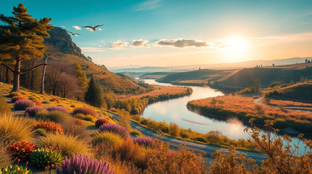 Colorful spring landscape with river and colorful meadow at sunrise.の写真素材