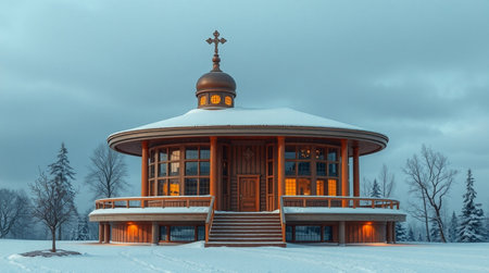 Wooden chapel in the winter forest with a cross on the roofの写真素材