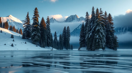 Fantastic winter landscape with snow covered fir trees on the shore of lakeの写真素材