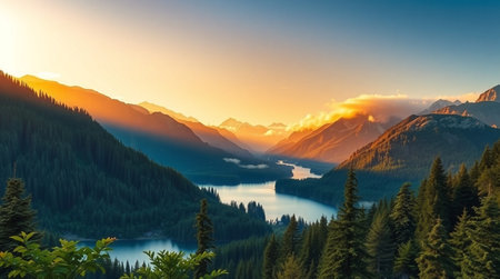 Panorama of the lake in the mountains at sunset in summer.の写真素材