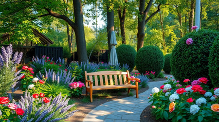 Beautiful spring garden with bench and blooming flowers on sunny dayの写真素材