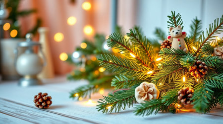 Christmas decoration on a wooden background with a garland and bokehの写真素材