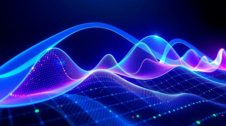 3d render, abstract background with glowing particles, wave lines and dots, digital sound wave