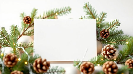 Christmas greeting card mockup with fir branches and christmas decorations on white backgroundの写真素材