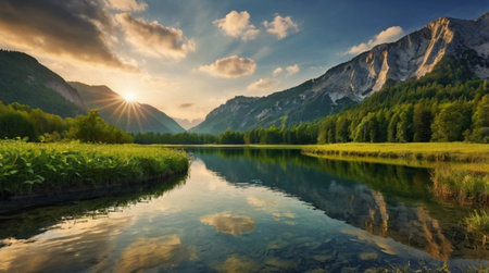 Panoramic view of alpine lake at sunset, Austria.の写真素材
