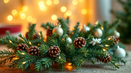 Christmas and New Year background with fir branches, pine cones and garland lightsの写真素材