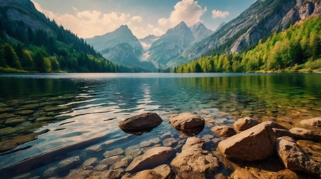 panoramic view of the lake in the Dolomites, Italyの写真素材