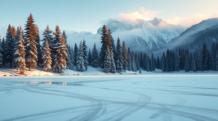 Fantastic winter landscape with frozen lake and snow covered fir treesの写真素材