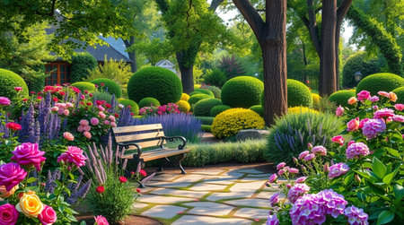 Beautiful landscaped flower garden with a bench in the middle.の写真素材