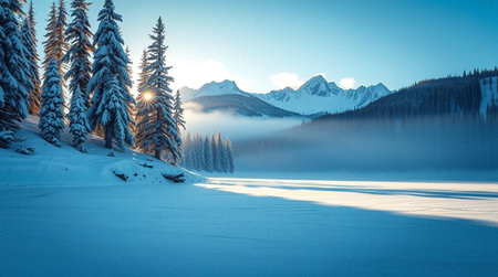 Beautiful winter landscape with snow covered fir trees and lake in mountainsの写真素材