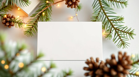 Christmas greeting card mockup with fir tree branches, gift boxes and garland lights on white background.の写真素材