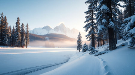 Beautiful winter landscape with snow covered fir forest and mountains in the backgroundの写真素材