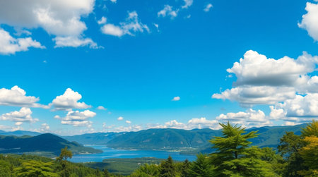 Landscape view of the lake and the mountains with white clouds.の写真素材