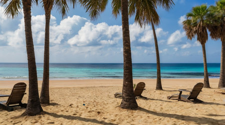 Paradise tropical beach with palm trees and loungers.の写真素材