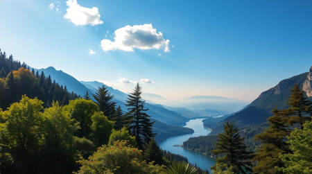 Beautiful view on the lake, mountains and blue sky with cloudsの写真素材