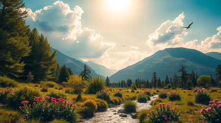 Beautiful spring landscape in the mountains. Colorful flowers in the meadow.の写真素材