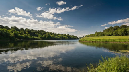 Panoramic view of the river, forest and blue sky with clouds