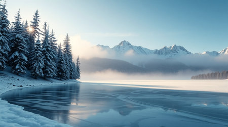 Foggy winter landscape with frozen lake and snow covered mountains.の写真素材