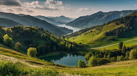 Panoramic view of beautiful mountain lake in the Carpathian mountainsの写真素材