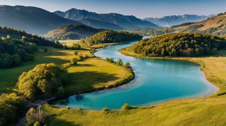 Aerial view of beautiful alpine landscape with turquoise lake, mountains and forest at sunsetの写真素材