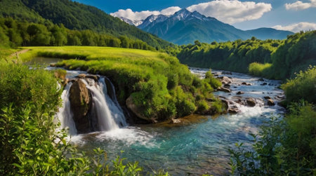 Beautiful mountain landscape with a waterfall on a background of mountains.の写真素材
