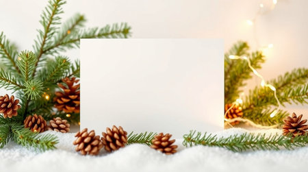 Christmas greeting card mockup with fir branches, pine cones and garland lights on white snow background. Copy space.の写真素材