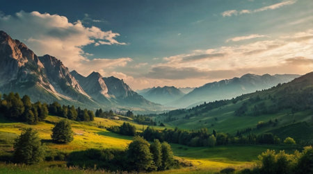 panoramic view of alpine meadow and mountains at sunsetの写真素材