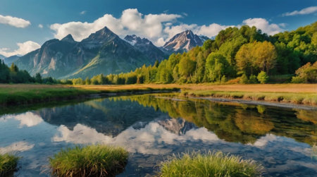 Reflection of mountains in the lake. Beautiful summer landscape. Panoramaの写真素材