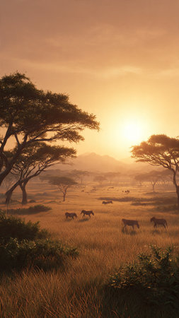 African savannah at sunrise, Serengeti National Park, Tanzaniaの写真素材