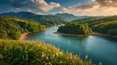 Panoramic view of the mountain river. Beautiful summer landscape.の写真素材