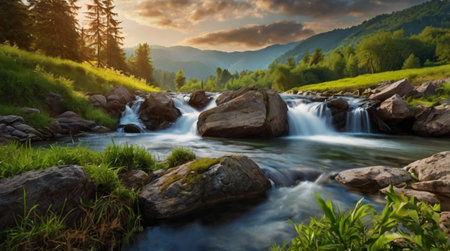 Beautiful mountain river in the Carpathian mountains at sunset.の写真素材