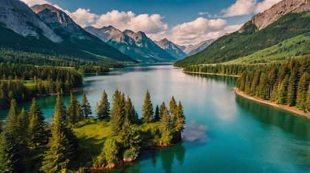 Aerial view of beautiful mountain lake in the middle of the forestの写真素材