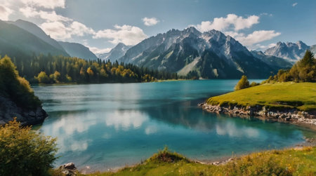 panoramic view of alpine lake in the alpsの写真素材