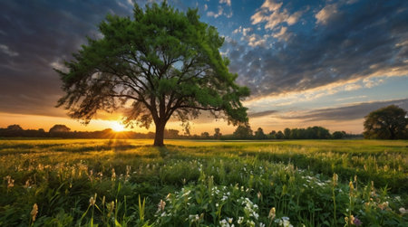 Beautiful summer landscape with big tree on the meadow at sunsetの写真素材