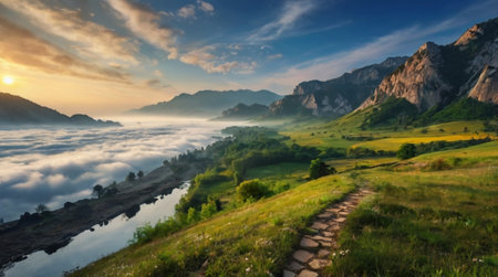 Panoramic view of foggy valley at sunrise. Beautiful summer landscape.の写真素材