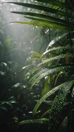 Beautiful tropical rainforest with morning dew on the leaves.の写真素材