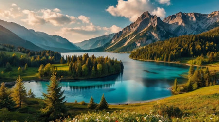 Panoramic view of alpine lake in Italyの写真素材