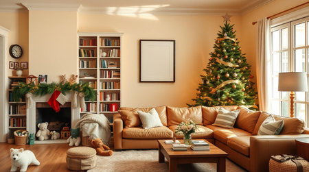 Interior of living room with Christmas tree, sofa and armchairの写真素材