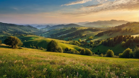 Mountain landscape at sunset. Panoramic view of the valley in the Carpathian mountains.の写真素材
