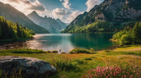 panoramic view of the lake and mountains in the italian alpsの写真素材