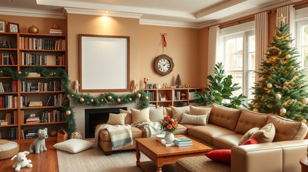Living room interior with christmas tree and decorations. 3d renderingの写真素材