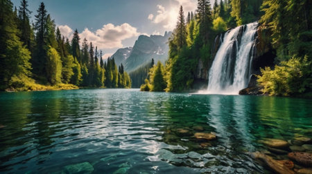 Beautiful view of a waterfall in the mountains