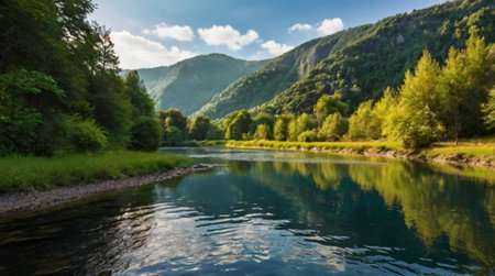Beautiful landscape with a mountain river and forest in the background.の写真素材