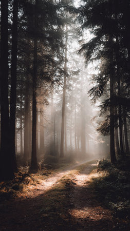 Path in the foggy forest with trees in the background and sun raysの写真素材