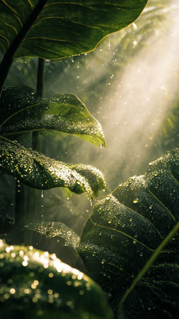 Green leaves with water drops and sunbeams in the morning.
