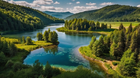 Panoramic view of a beautiful mountain lake in the Carpathian mountainsの写真素材