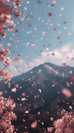 Beautiful cherry blossom sakura in spring time with mountain backgroundの写真素材