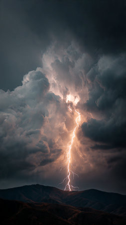 Lightning in stormy sky over the mountains. Thunderstorm.の写真素材