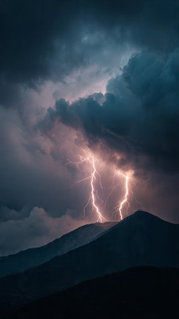 Lightning strikes the summit of Mt Kilimanjaro, Tanzaniaの写真素材