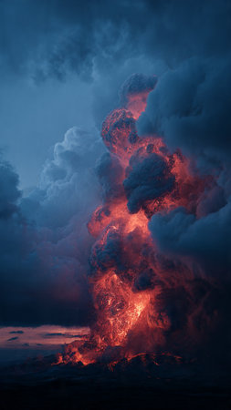 Volcanic eruption at night, close-up.の写真素材